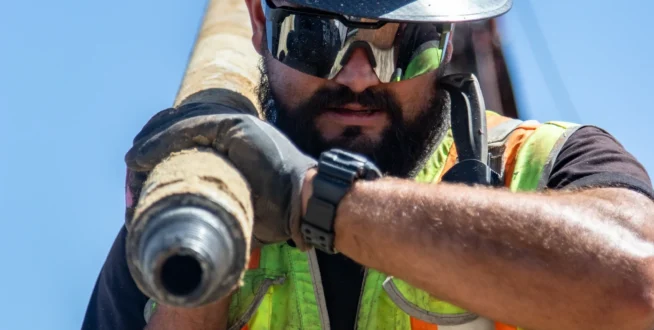Construction worker in safety gear and sunglasses, holding a large pipe at a work site.