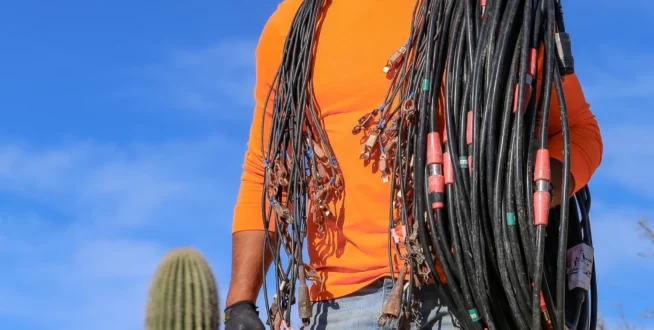 Worker in hard hat carrying cables with a cactus and blue sky in the background.