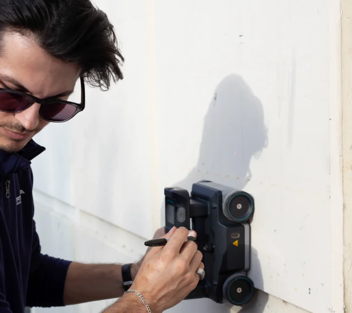Person using a device affixed to a wall, wearing sunglasses and earbuds, in an outdoor setting.