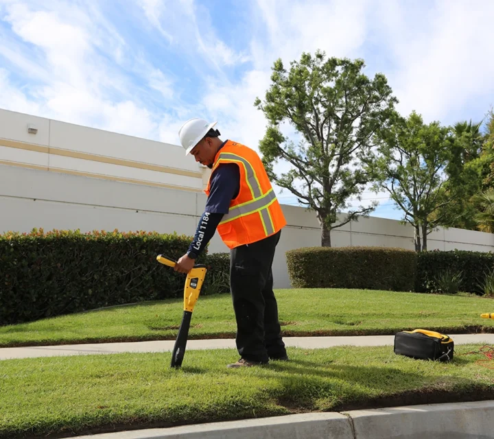 Worker in safety gear using equipment to detect underground utilities near a sidewalk and fire hydrant.