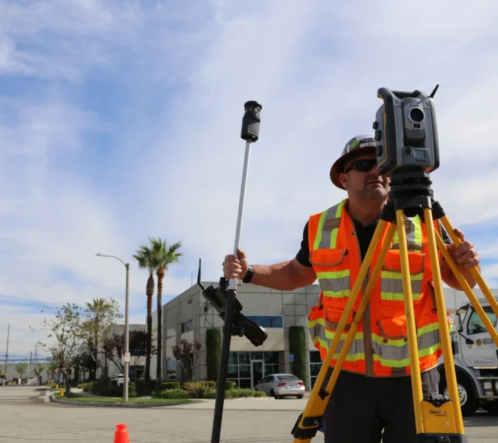 Surveyor in safety gear using a tripod-mounted instrument on a street.