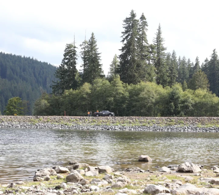 Lake with rocky shoreline, bordered by trees and a car on a distant path, under a cloudy sky.