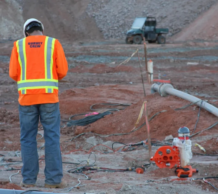 Survey crew deploys geophysical equipment near heap leach facility for Finding Hidden Inventory, identifying zones of limited fluid contact, preferential flow channels, and under-processed material affecting recovery efficiency and performance.