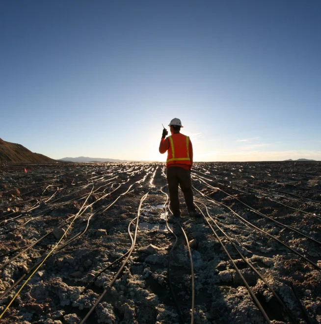 Worker in a hard hat and vest on a barren, wired landscape with a bright sky background.