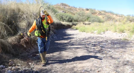 Technician deploying geophysical cables in desert terrain for plume mapping survey, supporting subsurface contamination delineation, groundwater monitoring, and environmental remediation planning through non-invasive geophysical investigation methods.
