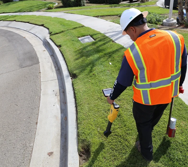 Worker in safety gear using a utility locator on a grassy roadside.