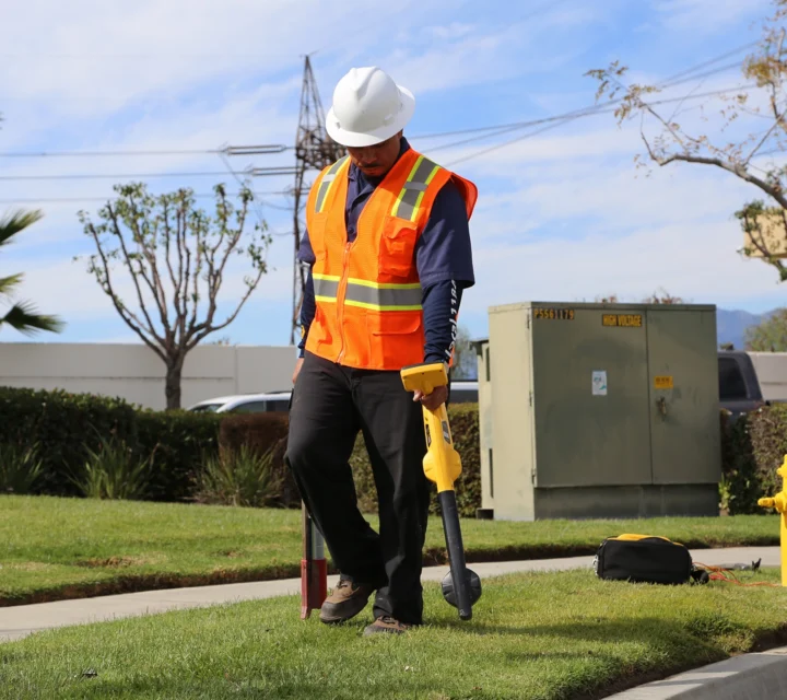 Worker in safety gear checks underground utilities with equipment on a grassy area by a sidewalk.