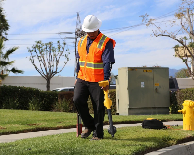 Utility worker in orange vest uses equipment to locate underground lines near curbside.