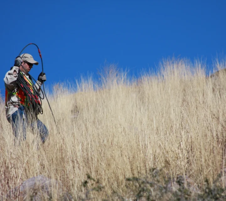 Field technician carrying geophysical cable across grassland during subsurface profiling survey to map contamination plumes, moisture variations, and geologic variability using non-invasive surface geophysical methods.