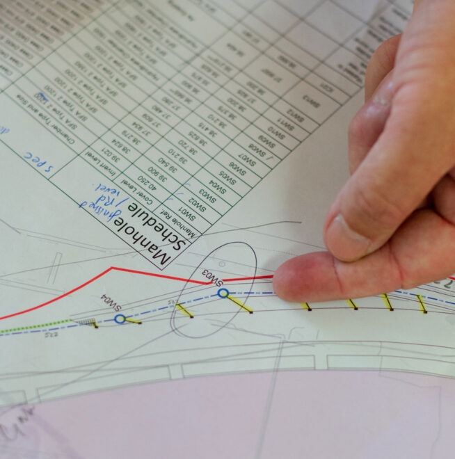 Hand pointing to a section on a technical map with marked lines and tables.
