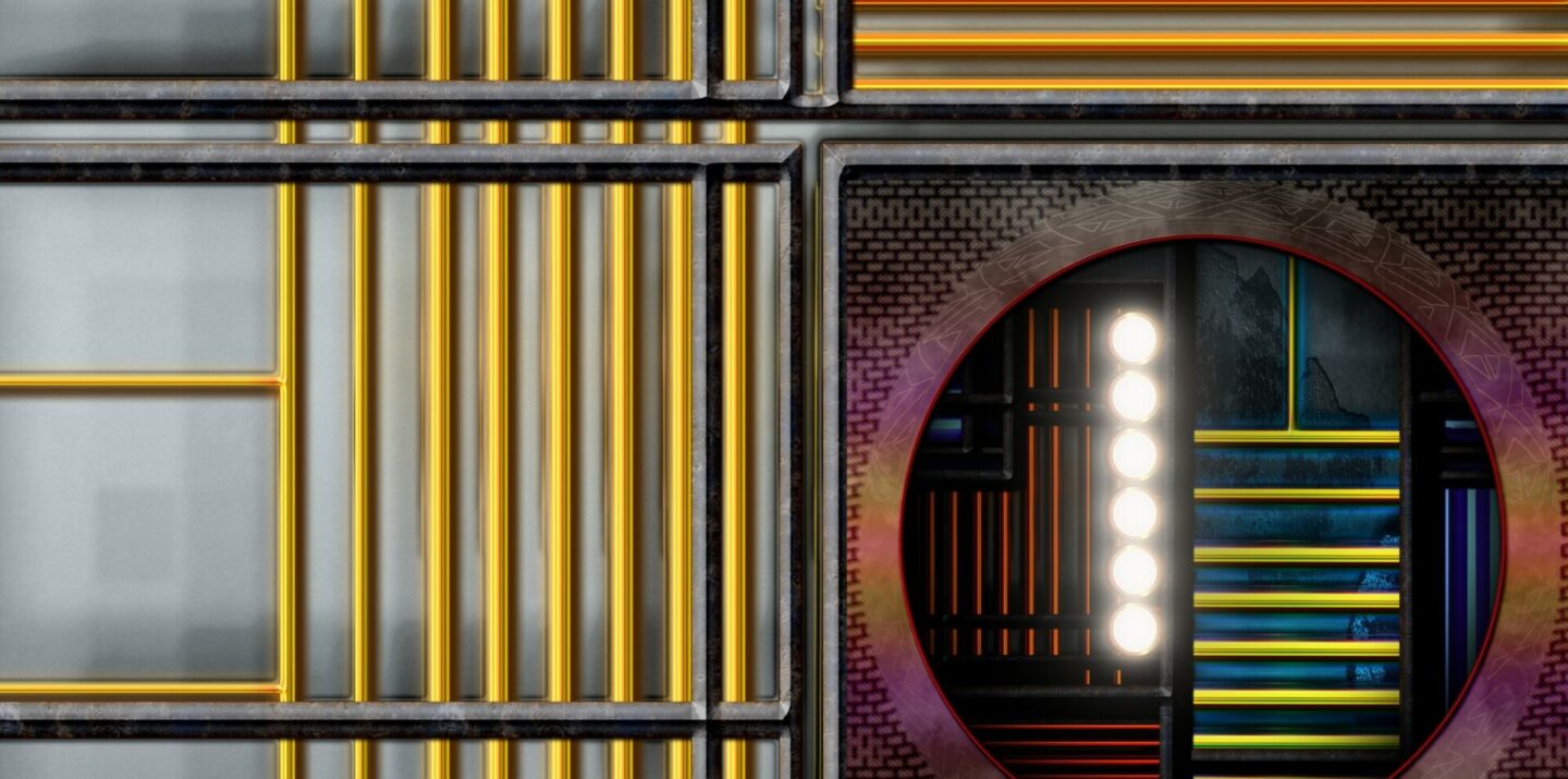 Abstract geometric design with yellow and orange vertical lines, a circular mirror, and horizontal multicolored lines behind it.