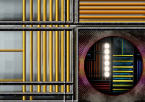 Abstract geometric design with yellow and orange vertical lines, a circular mirror, and horizontal multicolored lines behind it.