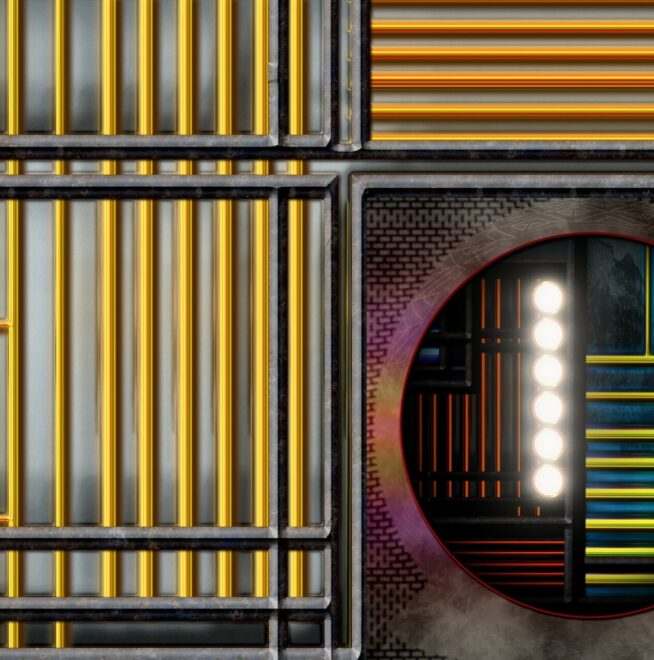 Abstract geometric design with yellow and orange vertical lines, a circular mirror, and horizontal multicolored lines behind it.