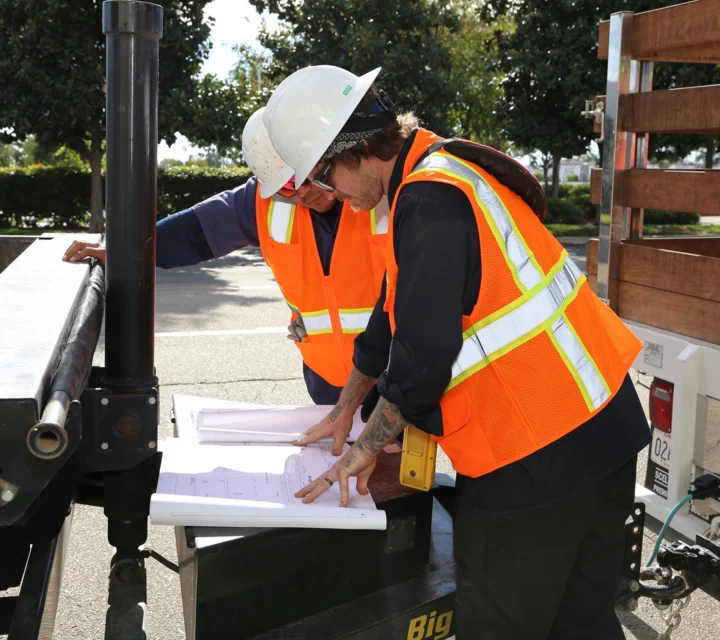 Two construction workers in safety gear review blueprints at a work site.