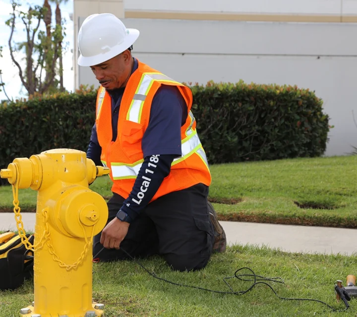 Worker in safety gear inspecting a yellow fire hydrant on a grassy area.